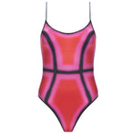 Seraphina Red Optical One Piece with scoop neck, boned torso for support, and printed Italian fabric.
