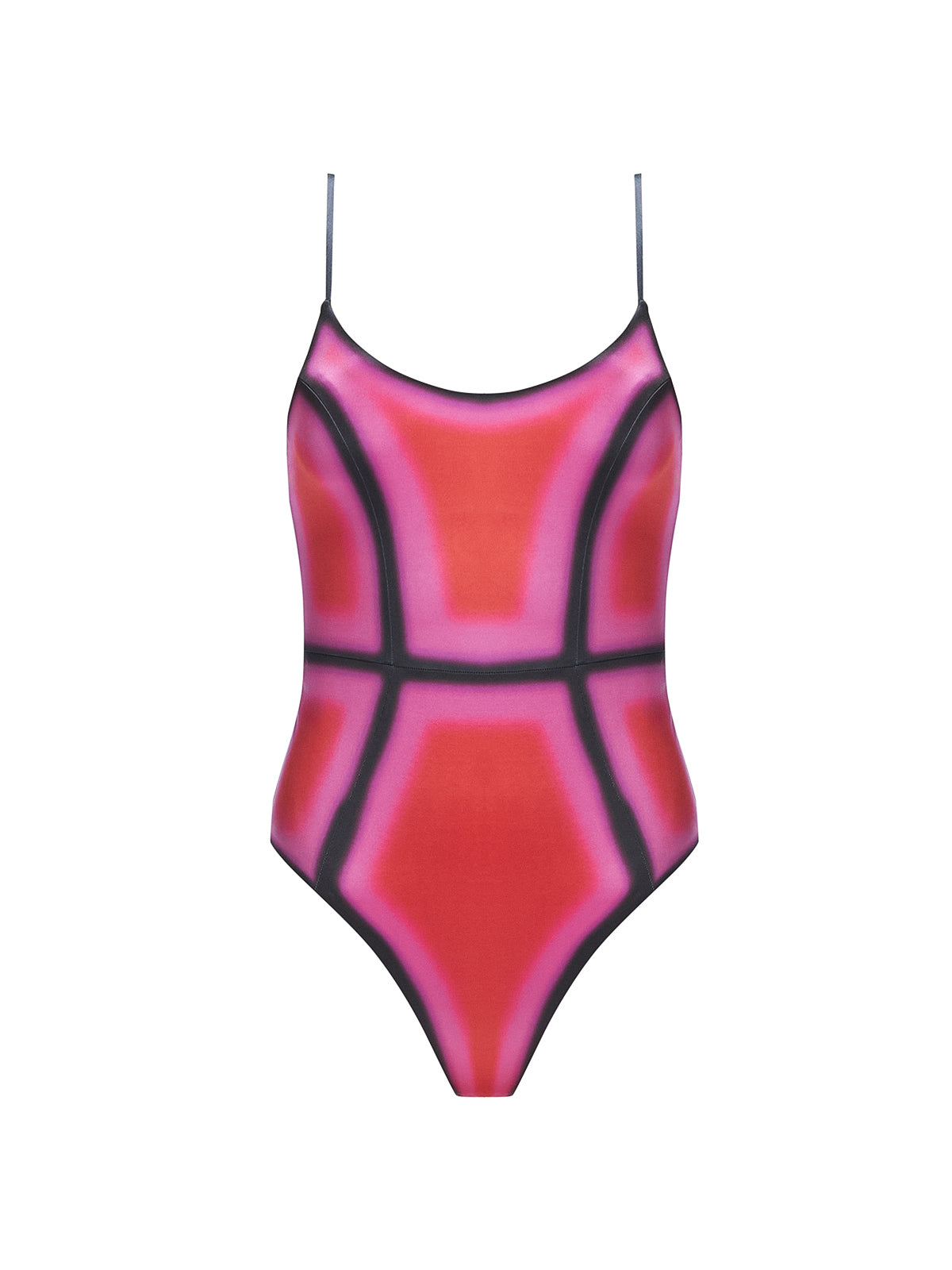 Seraphina Red Optical One Piece with scoop neck, boned torso for support, and printed Italian fabric.
