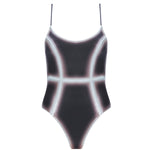 Seraphina Black Optical One Piece with scoop neck, boned torso for support, and printed Italian fabric.
