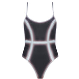 Seraphina Black Optical One Piece with scoop neck, boned torso for support, and printed Italian fabric.
