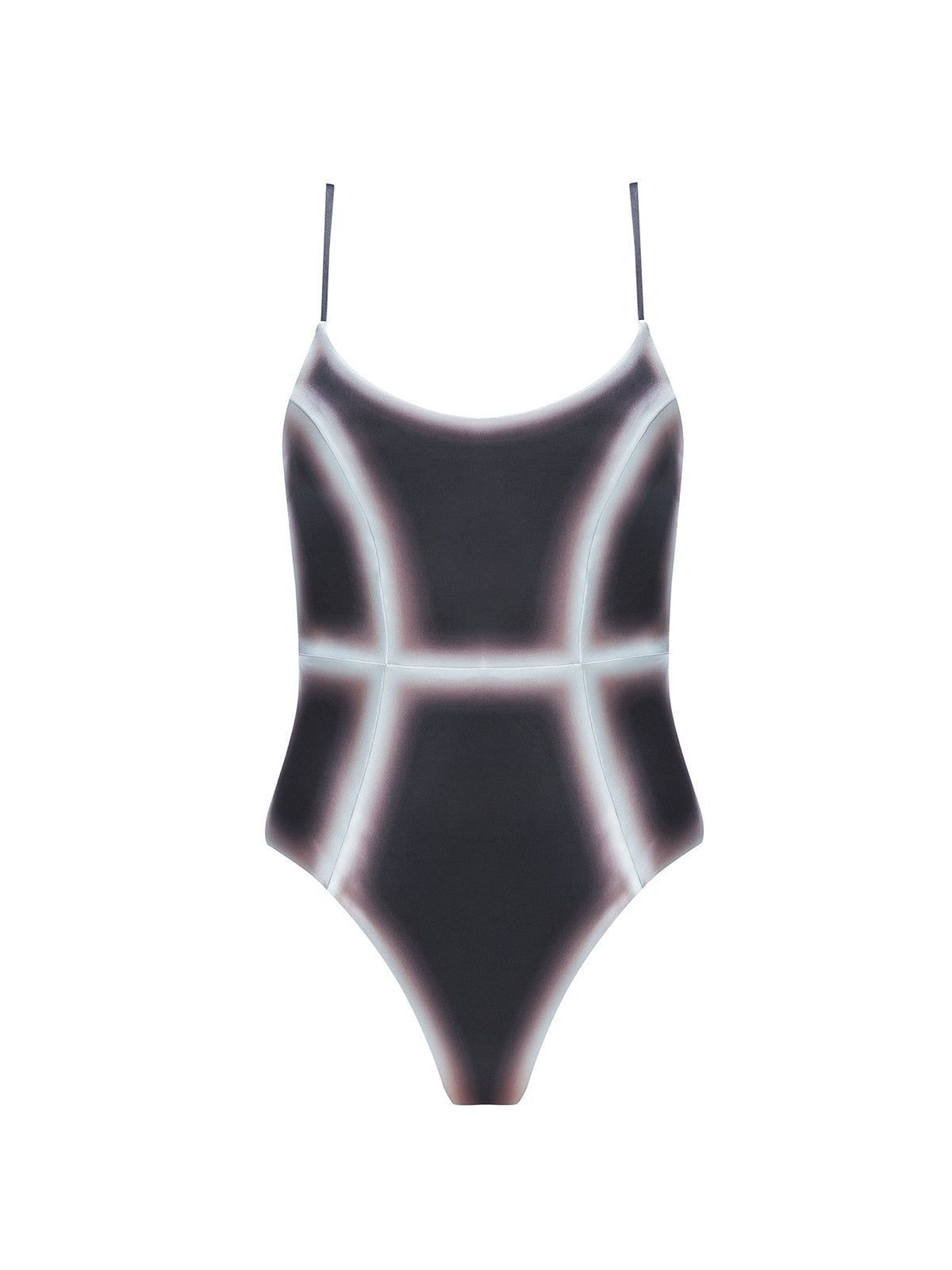 Seraphina Black Optical One Piece with scoop neck, boned torso for support, and printed Italian fabric.
