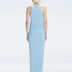 Back view of model wearing Louisa Baby Blue Maxi Dress, highlighting the high neck and sleek silhouette.
