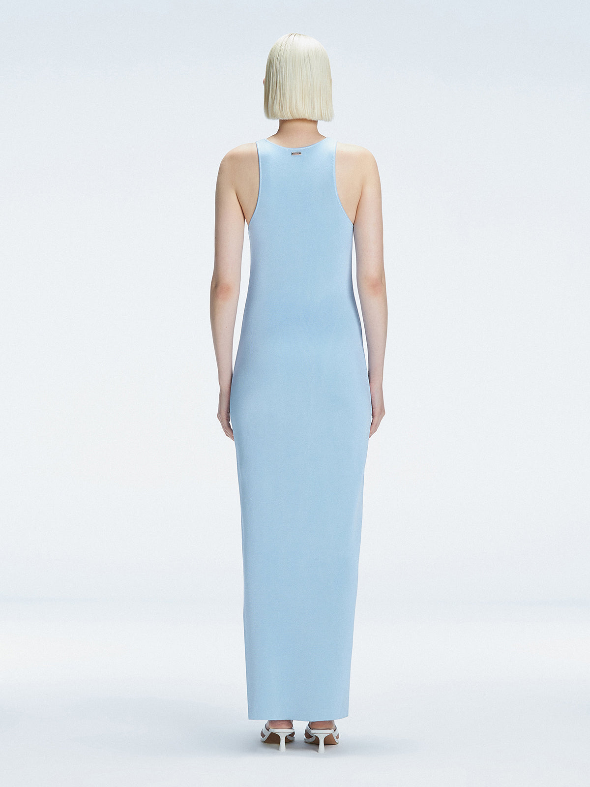 Back view of model wearing Louisa Baby Blue Maxi Dress, highlighting the high neck and sleek silhouette.
