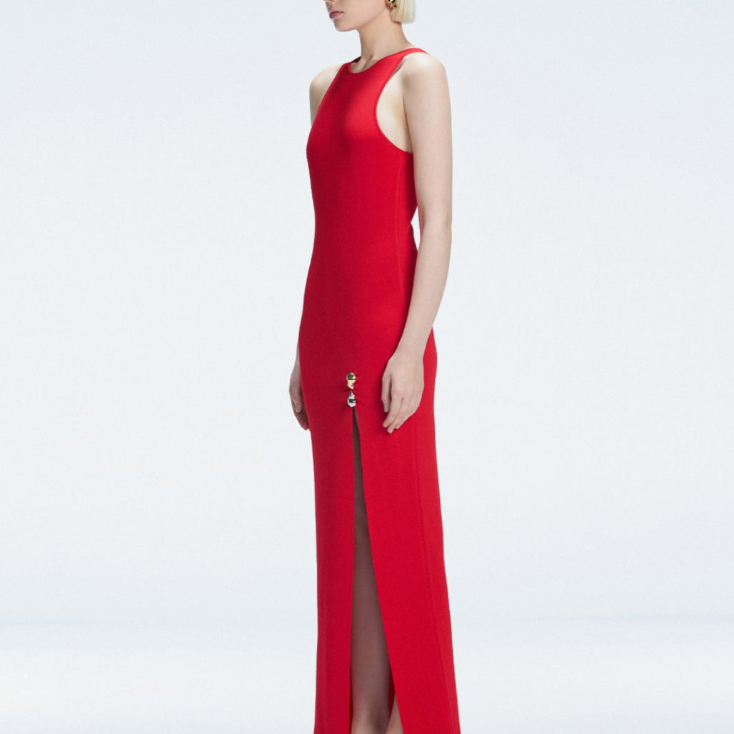 Louisa Red Halter Knit Maxi Dress with Slit Detail | Moeva | Dress | Each week unveils new pieces—luxury swimwear, fluid resort silhouettes, and elevated summer-to-evening essentials designed to carry you from coastal escapes to city nights.