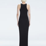 Back view of model wearing Louisa Black Maxi Dress, highlighting the high neck and sleek silhouette.
