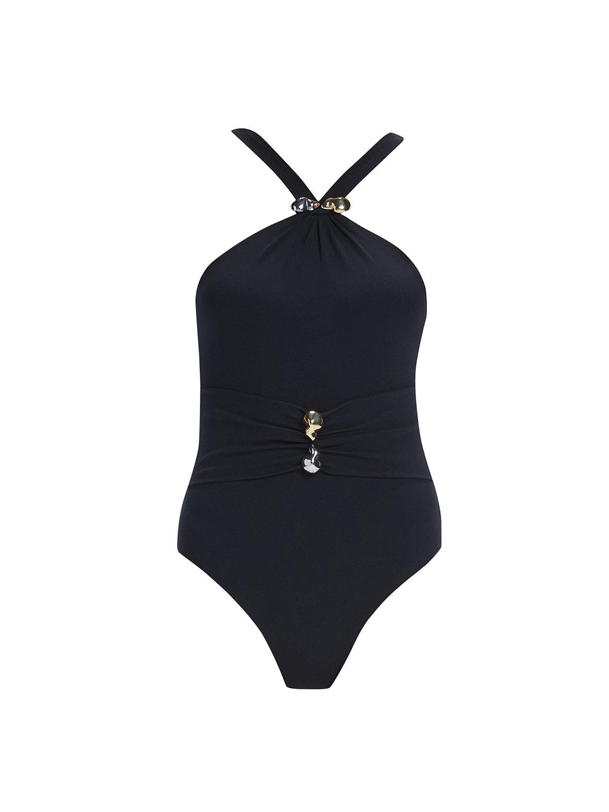 "Lyra Black Swimsuit laid flat, showcasing the underwire design, ruched detailing, and high-quality Italian fabric."
