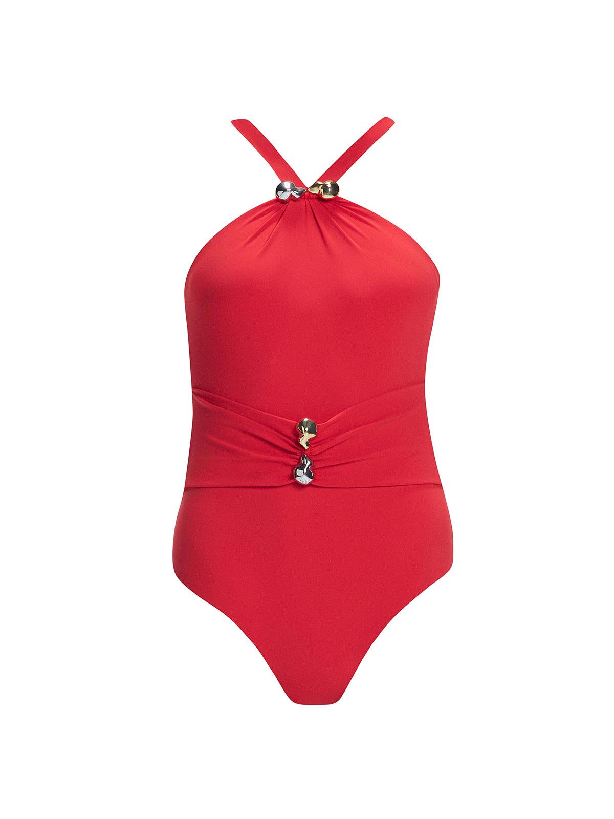 Lyra Red Swimsuit laid flat, highlighting the ruched detailing and vibrant Italian fabric.
