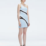 ""Side view of the Agatha Blue-White-Nude Dress, emphasizing the chic one-shoulder design.