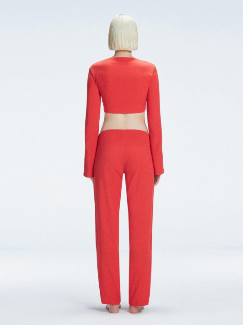 Back view of model showcasing the ruched layered panel and wide-legged fit on the Helena Red Pants.
