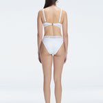 "Model showcasing the back of the Lorelai White  Bikini Top, highlighting the adjustable straps and comfortable fit."
