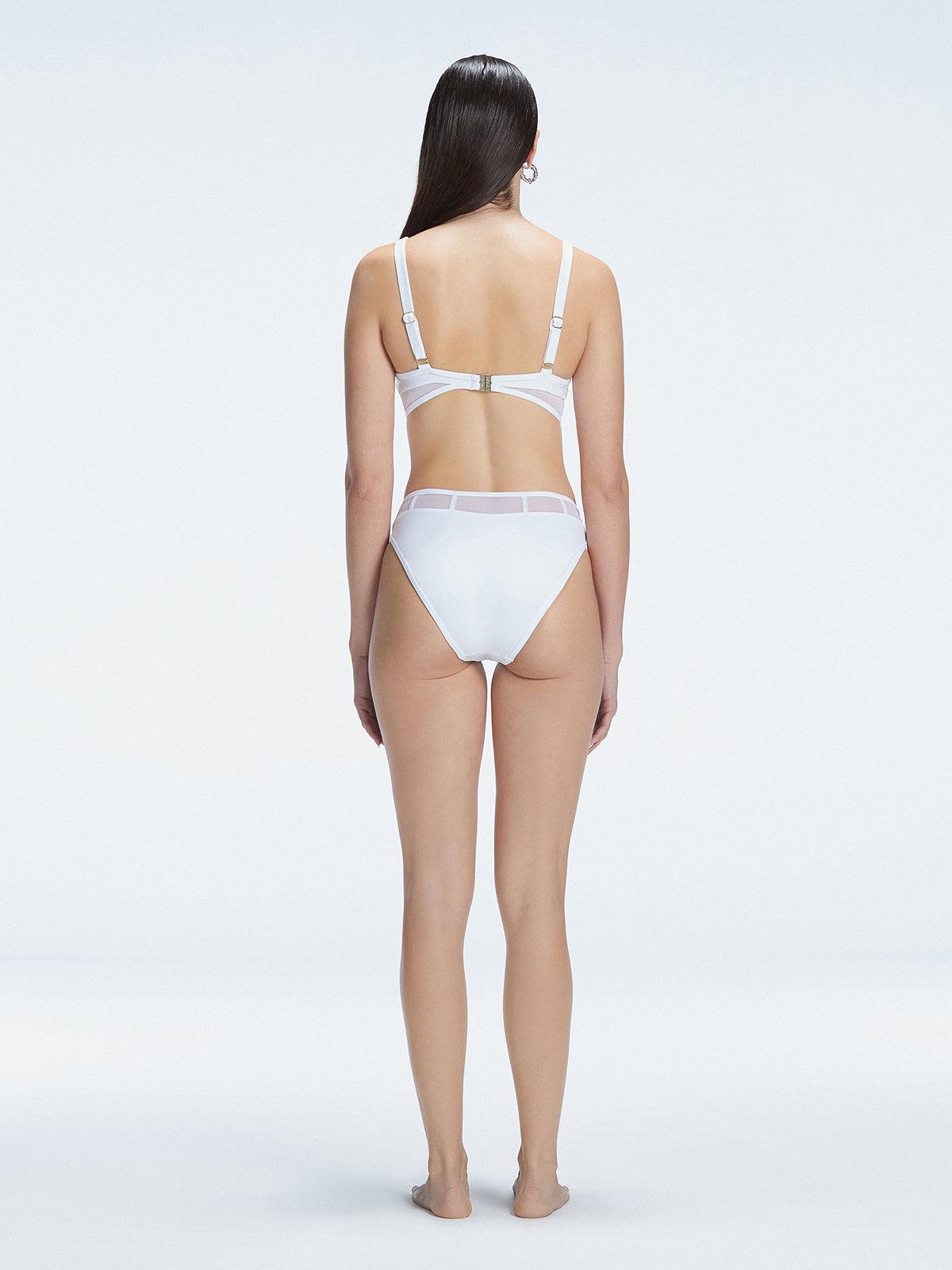 "Model showcasing the back of the Lorelai White  Bikini Top, highlighting the adjustable straps and comfortable fit."
