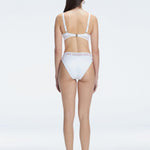 "Model showcasing the back of the Lorelai White Bikini Set , highlighting the comfortable fit and stylish design."
