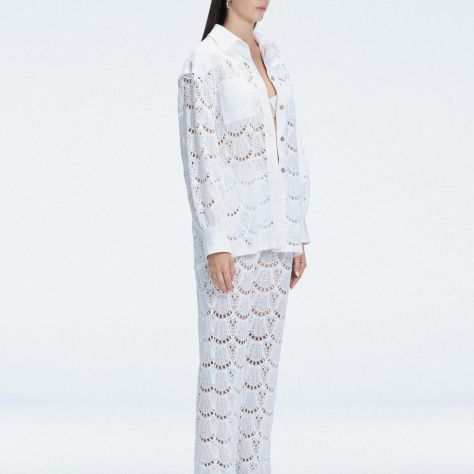 Nola White Crochet Shirt & Elysia White Crochet High-Waist Pants Set | Moeva | Set | Each week unveils new pieces—luxury swimwear, fluid resort silhouettes, and elevated summer-to-evening essentials designed to carry you from coastal escapes to city nights.
