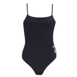 "Marigold Black Swimsuit laid flat, showing the boned torso, ruched waist, and buckle detail at the waist."
