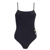 "Marigold Black Swimsuit laid flat, showing the boned torso, ruched waist, and buckle detail at the waist."
