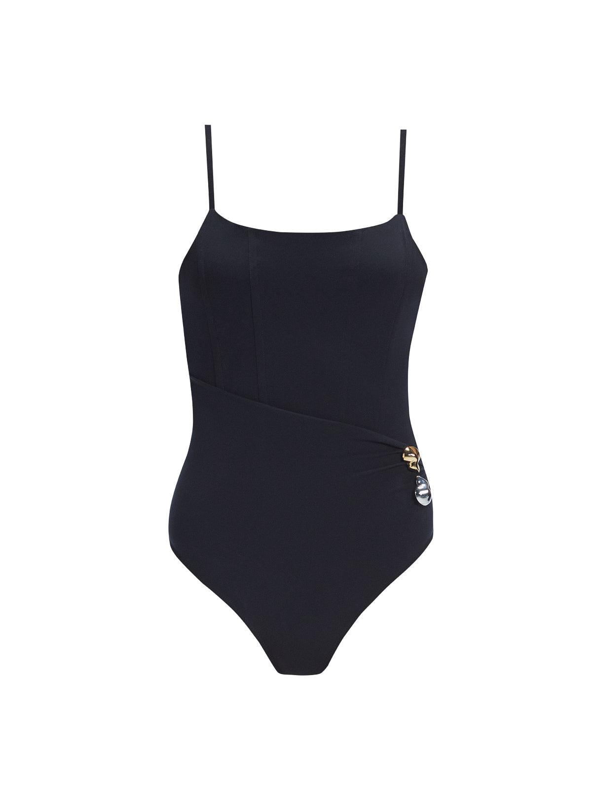 "Marigold Black Swimsuit laid flat, showing the boned torso, ruched waist, and buckle detail at the waist."
