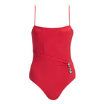 "Marigold Red Swimsuit laid flat, showing the boned torso, ruched waist, and buckle detail at the waist."
