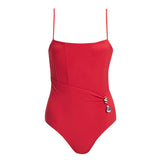 "Marigold Red Swimsuit laid flat, showing the boned torso, ruched waist, and buckle detail at the waist."
