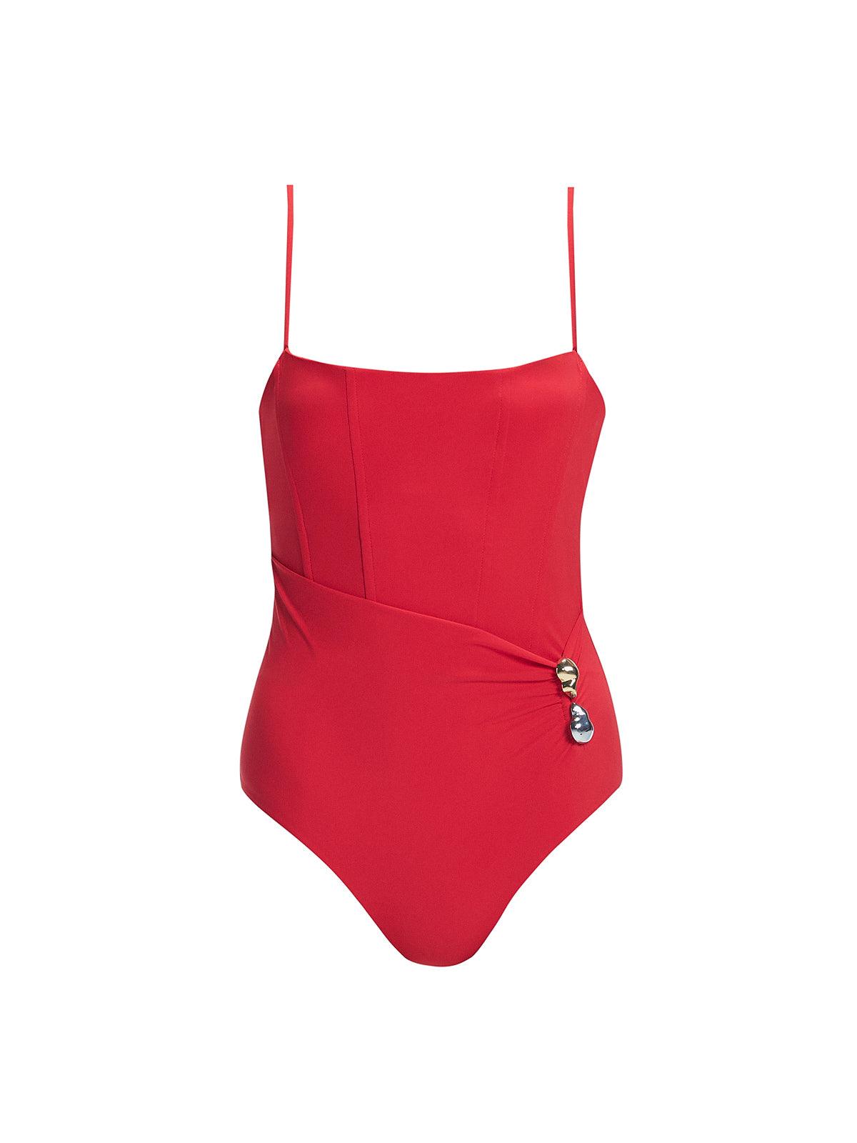 "Marigold Red Swimsuit laid flat, showing the boned torso, ruched waist, and buckle detail at the waist."
