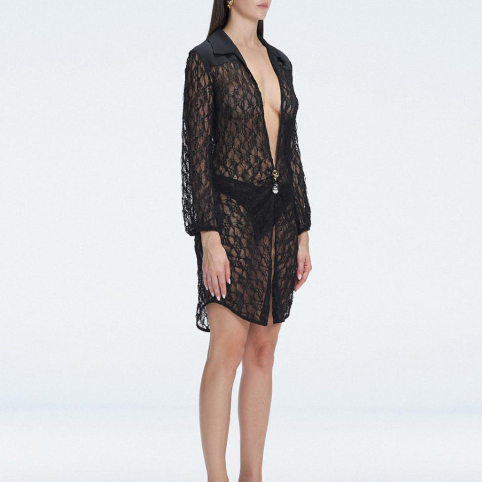 Althea Black Long Sleeve Lace Mini Kaftan | Moeva | Kaftan | Each week unveils new pieces—luxury swimwear, fluid resort silhouettes, and elevated summer-to-evening essentials designed to carry you from coastal escapes to city nights.