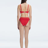 "Model showcasing the back of the Lorelai Red Bikini Top, highlighting the adjustable straps and comfortable fit."
