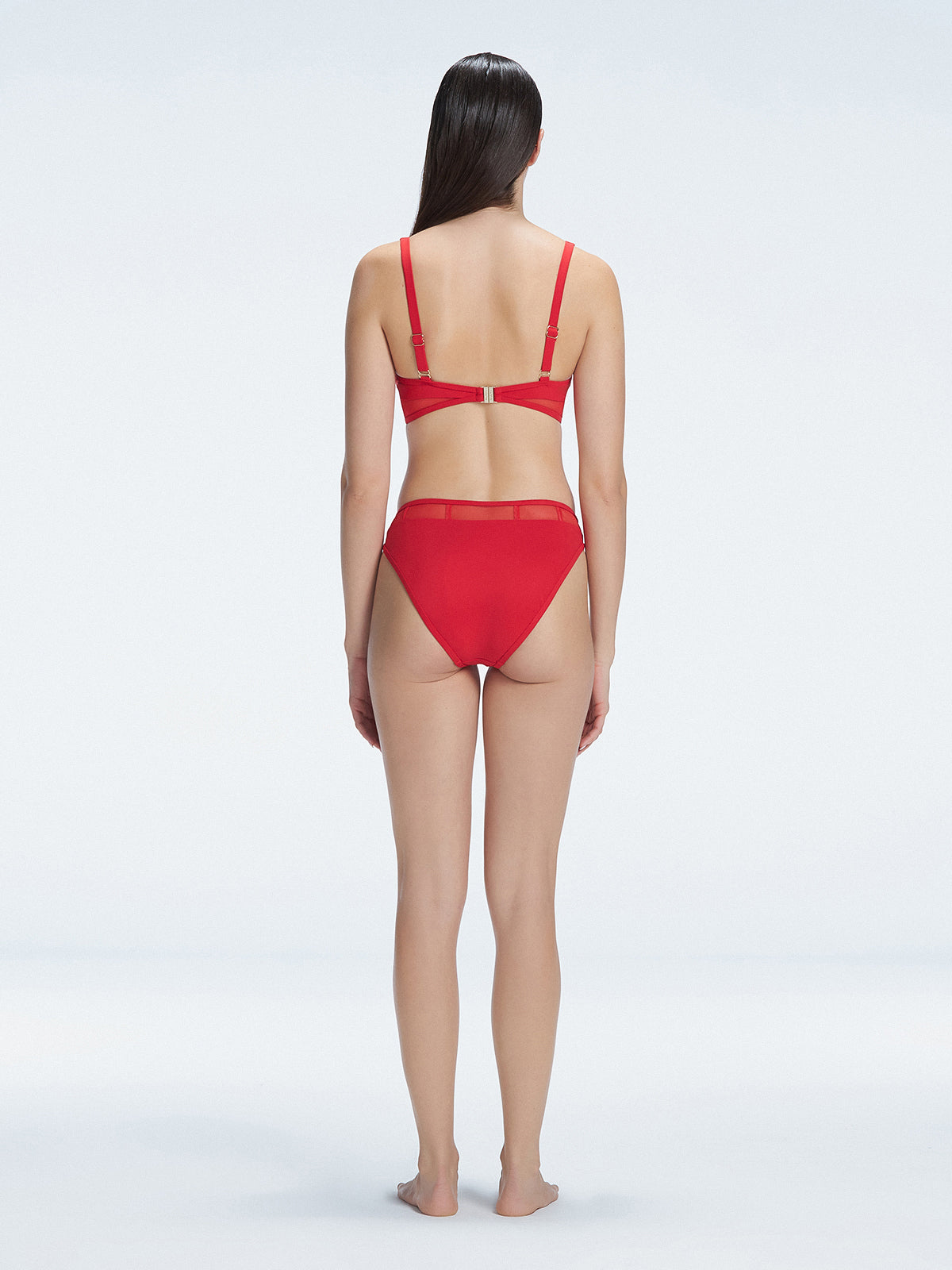 "Model showcasing the back of the Lorelai Red Bikini Top, highlighting the adjustable straps and comfortable fit."
