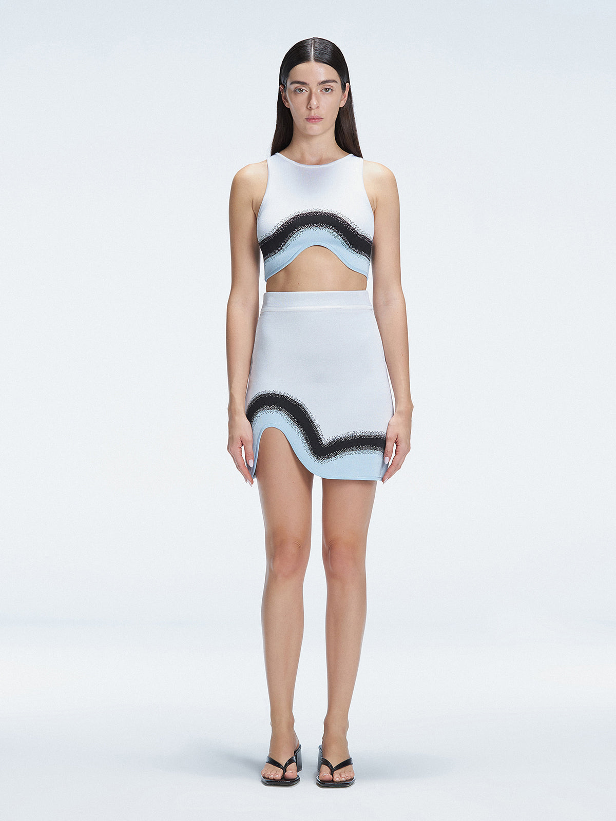 Model showcasing the Cecilia Blue Degraded Crop Top, highlighting its vibrant multicolored pattern.