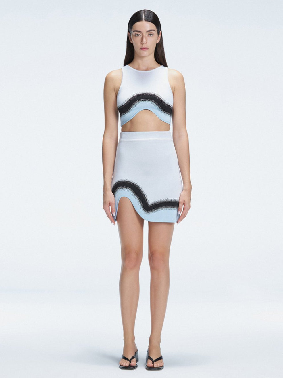 Lydia Blue Optical Knit Mini Skirt | Moeva | Skirt | Each week unveils new pieces—luxury swimwear, fluid resort silhouettes, and elevated summer-to-evening essentials designed to carry you from coastal escapes to city nights.