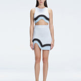 Model showcasing the Lydia Blue Degraded Skirt, highlighting its stylish asymmetrical design.