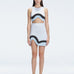 Model showcasing the Lydia Blue Degraded Skirt, highlighting its stylish asymmetrical design.