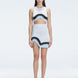 Model showcasing the Lydia Blue Degraded Skirt, highlighting its stylish asymmetrical design.