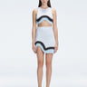 Model showcasing the Lydia Blue Degraded Skirt, highlighting its stylish asymmetrical design.
