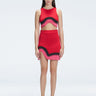 Model showcasing the Cecilia Red Degraded Crop Top and Lydia Skirt Set highlighting its vibrant multicolored pattern.