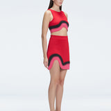 Side view of theCecilia Red Degraded Crop Top and Lydia Skirt Set, showcasing its sleeveless design and stylish silhouette.