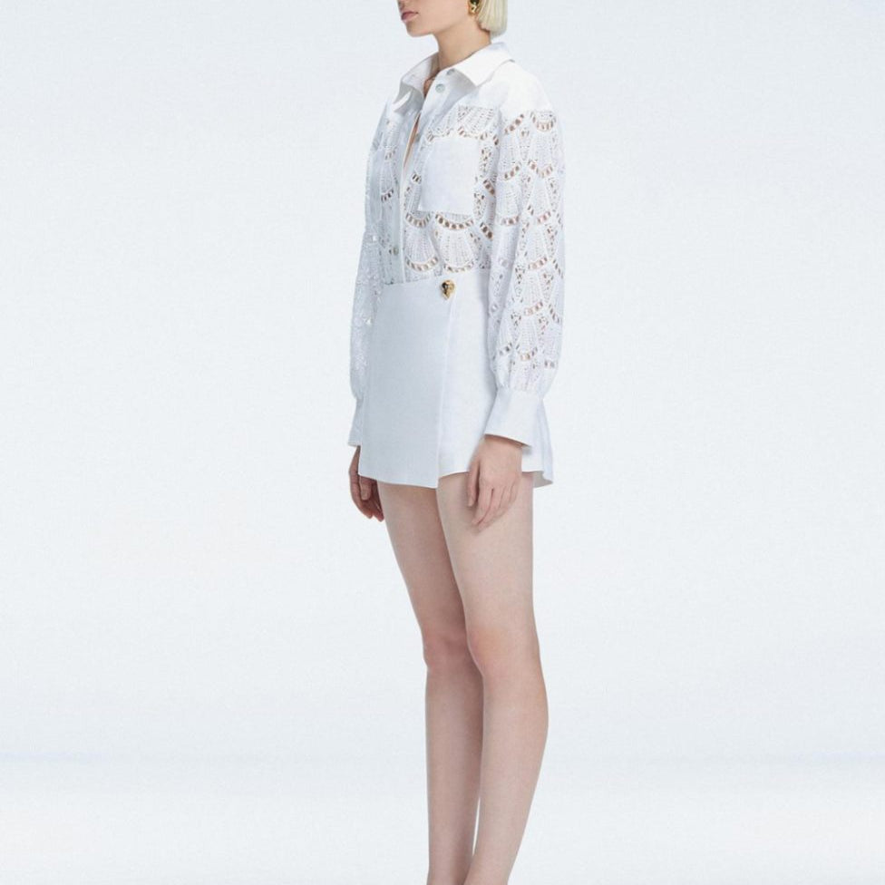 Nola White Long Sleeve Cotton Shirt and Elise White Linen Mini Skort Set | Moeva | Set | Each week unveils new pieces—luxury swimwear, fluid resort silhouettes, and elevated summer-to-evening essentials designed to carry you from coastal escapes to city nights.