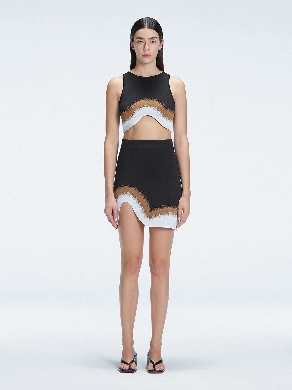 Model showcasing the Cecilia Black Degraded Crop Top, highlighting its vibrant multicolored pattern.