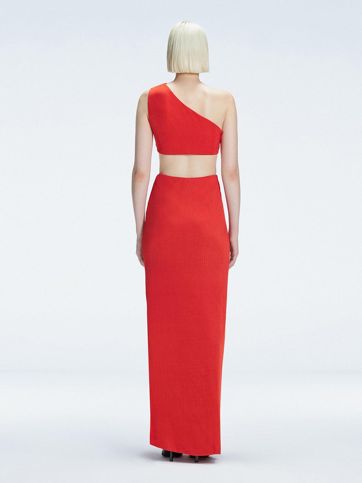 Back view of model wearing Violet Red Maxi Dress, highlighting the one-shoulder design and sleek fit.
