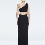 Back view of model wearing Violet Black Maxi Dress, highlighting the one-shoulder design and sleek fit.
