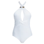 Rosamund White One Piece swimsuit with plunging halter neck and gold sculpted hoop accessory, perfect for stylish occasions.
