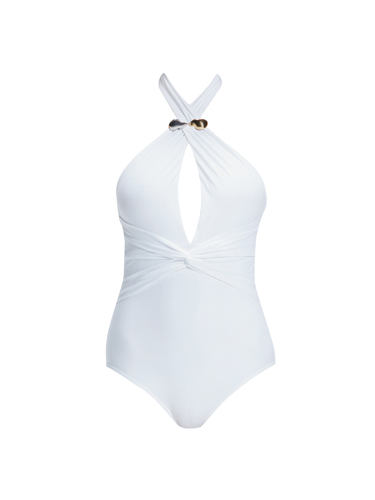 Rosamund White One Piece swimsuit with plunging halter neck and gold sculpted hoop accessory, perfect for stylish occasions.
