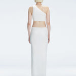 Back view of model wearing Violet White Maxi Dress, highlighting the one-shoulder design and sleek fit.
