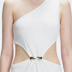 Violet White Maxi Dress with one-shoulder design, stylish cut-outs, ruched front, and chic buckle detail.
