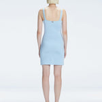 Back view of model wearing Heather Baby Blue Dress, highlighting the sleek silhouette and adjustable straps.
