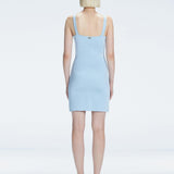 Back view of model wearing Heather Baby Blue Dress, highlighting the sleek silhouette and adjustable straps.
