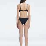 Back view of model wearing Emilia Black Bikini Set , featuring adjustable straps and breathable mesh accents.
