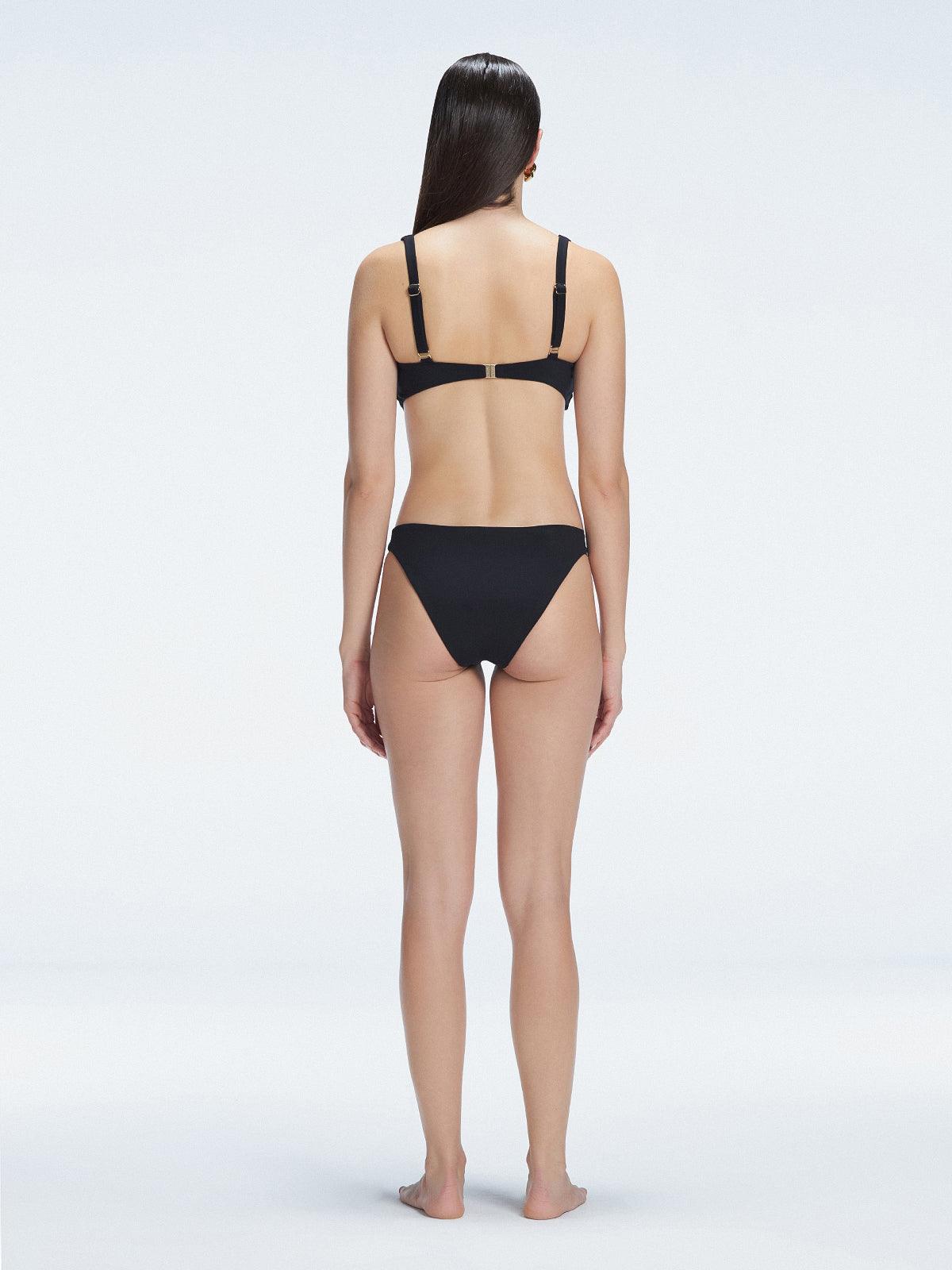 Back view of model wearing Emilia Black Bikini Set , featuring adjustable straps and breathable mesh accents.
