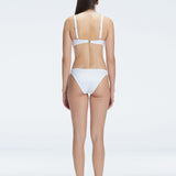 Back view of model wearing Emilia White Bikini Set , featuring adjustable straps and breathable mesh accents.
