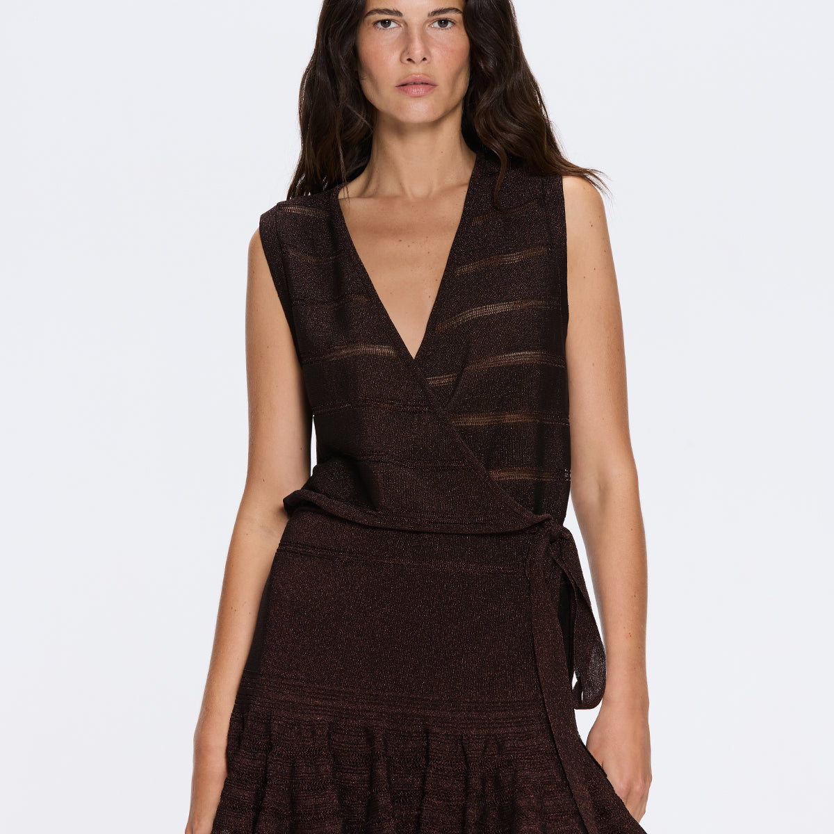 Menton Brown Metallic Sheer Knit V neck Mini Dress | Moeva | Dress | Each week unveils new pieces—luxury swimwear, fluid resort silhouettes, and elevated summer-to-evening essentials designed to carry you from coastal escapes to city nights.
