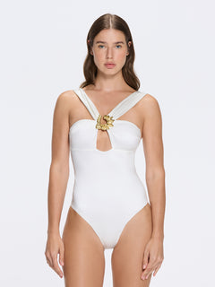 Talia V Neck with Gold Detail Satin White Swimsuit | Moeva | Swimsuit | Each week unveils new pieces—luxury swimwear, fluid resort silhouettes, and elevated summer-to-evening essentials designed to carry you from coastal escapes to city nights.