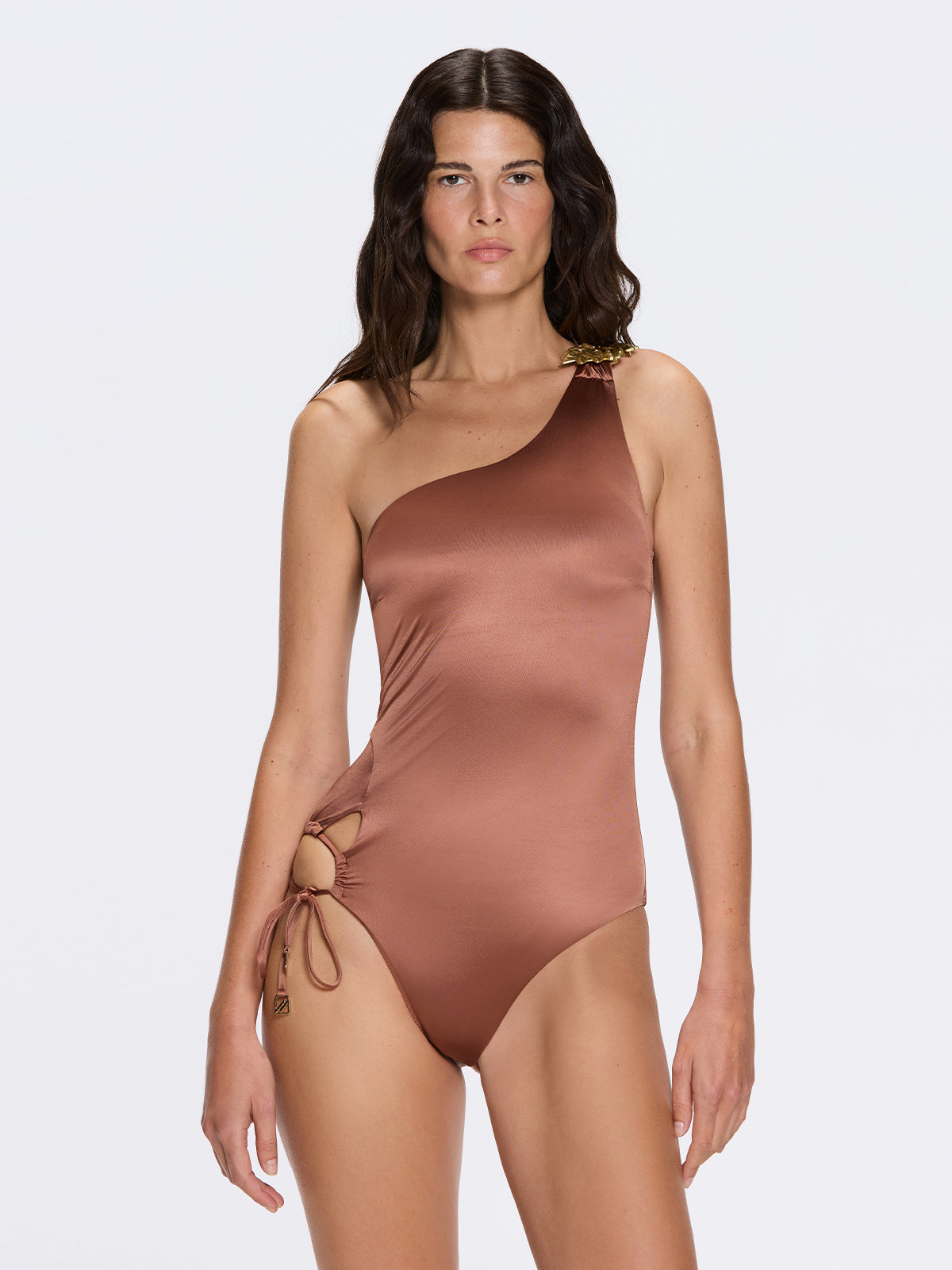 Esterelle One Shoulder Gold Detailed Satin Brown Swimsuit | Moeva | Swimsuit | Each week unveils new pieces—luxury swimwear, fluid resort silhouettes, and elevated summer-to-evening essentials designed to carry you from coastal escapes to city nights.